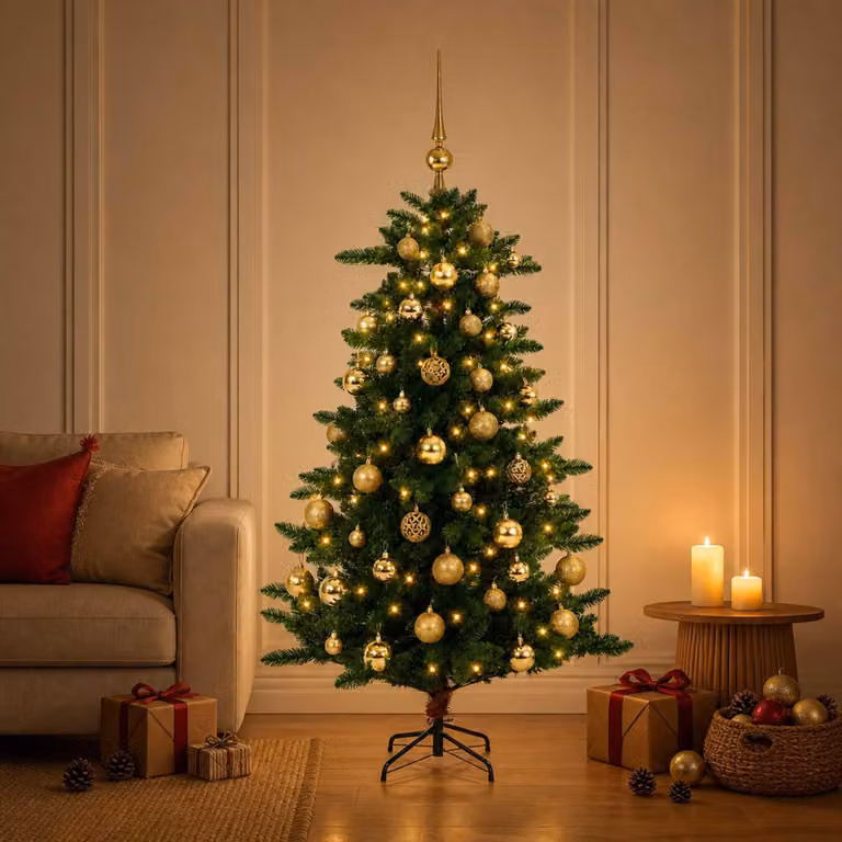 Albero di Natale artificiale con decorazioni, altezza 120 cm, 150 luci a LED