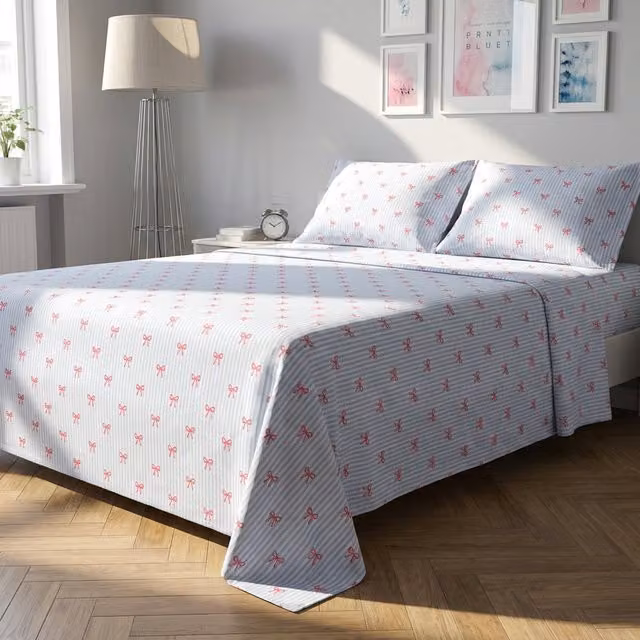 Completo letto matrimoniale righe fiocchi azzurro