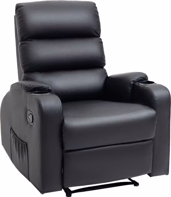Poltrona Relax Reclinabile HOMCOM in Finta Pelle con Poggiapiedi, Portabicchieri e Tasca, Nero