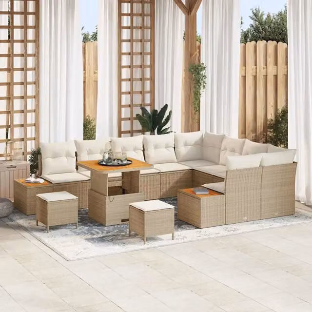 Set Divano da Giardino vidaXL a forma a U con 11 posti, colore Beige, con cuscini e tavolino da esterno