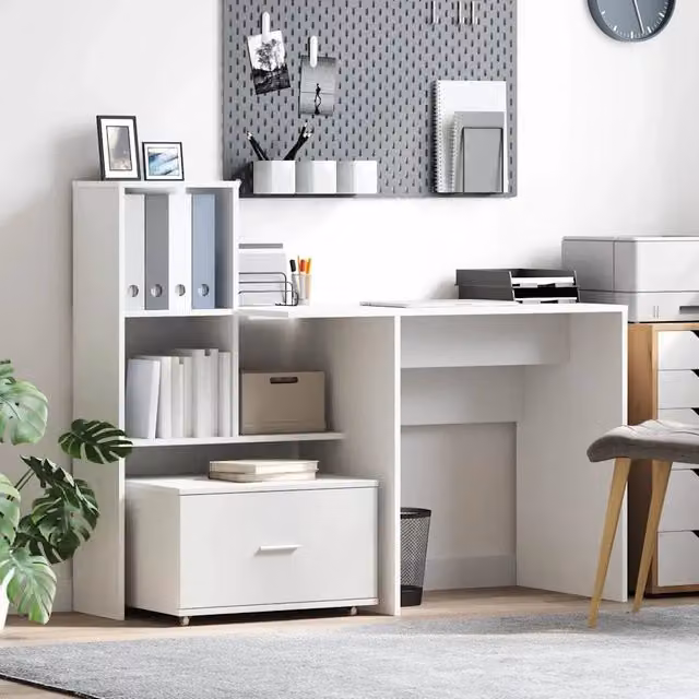 Scrivania bianca in legno MDF stile minimalista vidaXL L: 131,5 cm, P: 50 cm, H: 106,5 cm