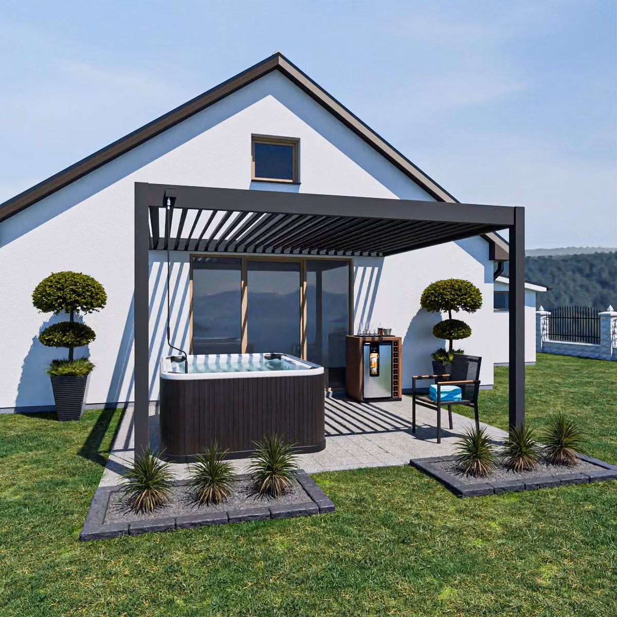 Pergola da parete Weide Deluxe interamente in alluminio 3,6x4 m con tetto a lamelle antracite