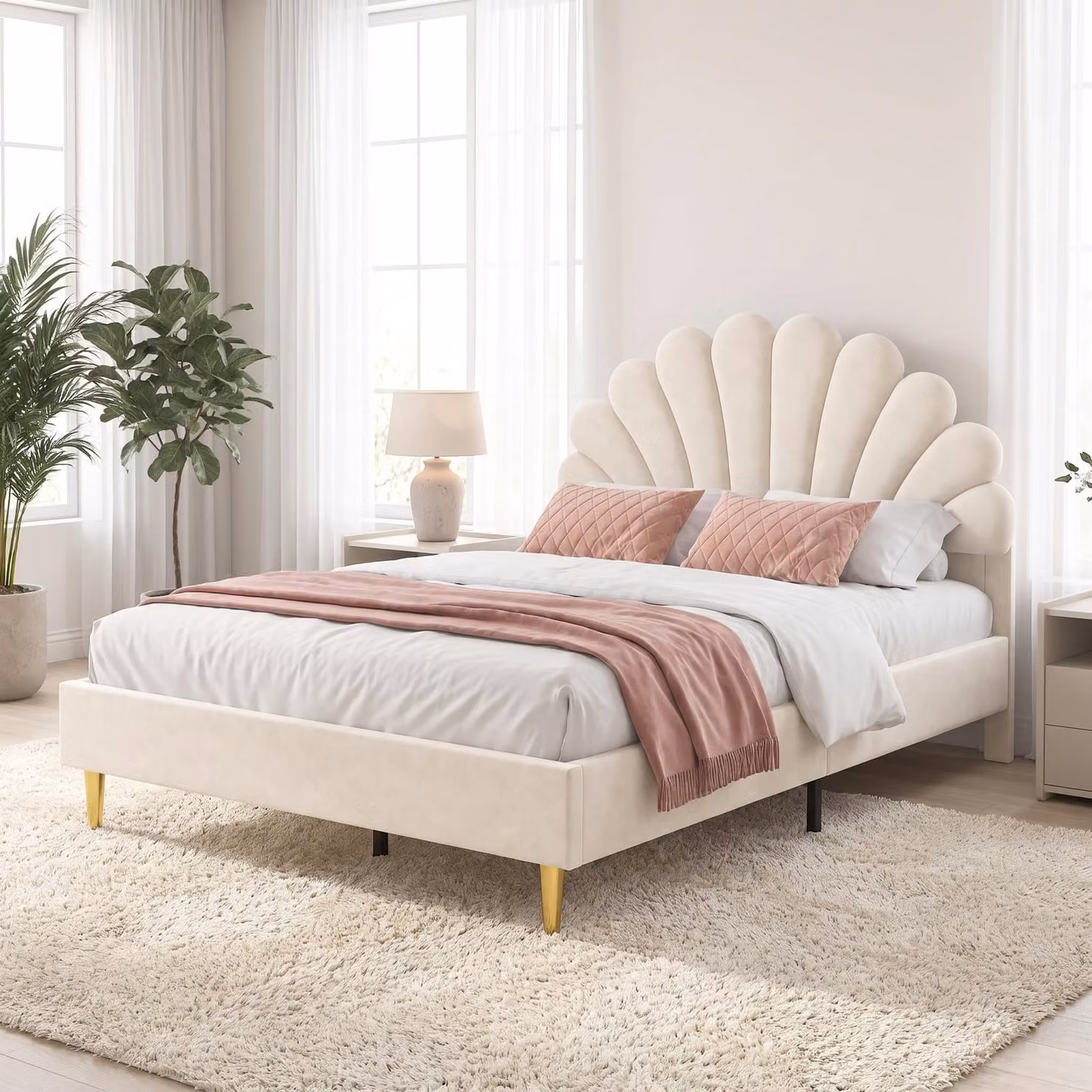 Letto imbottito INONEFT, 140x200 cm, con testiera a forma di fiori, letto a castello per ragazzi, letto per bambine, letto da principessa, color beige, in velluto