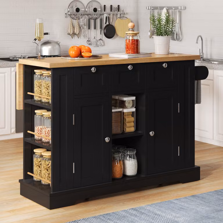 Carrello da cucina STILVORA con piano di lavoro ribaltabile, isola da cucina con presa elettrica e 5 rotelle, tavolo da bar con cassetto, scaffale per spezie e portasciugamani, nero