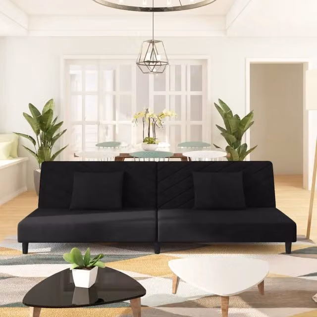 Divano Letto a 2 Posti con 2 Cuscini-Sofa Letto 2 Posti-Daybed Nero in Velluto 311834