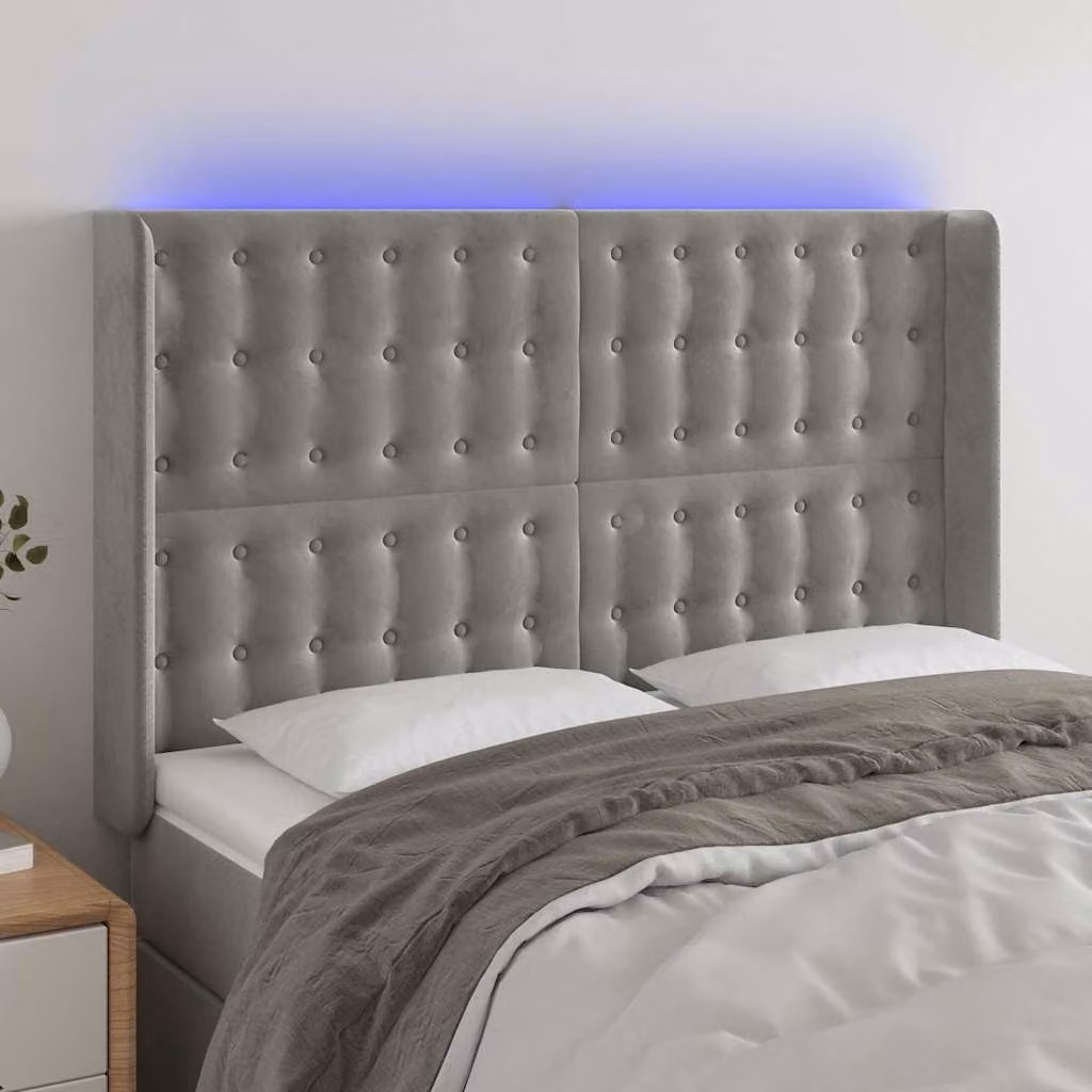 Testiera per letto vidaXL in velluto grigio con illuminazione LED e porta di ricarica USB, L 147 cm x P 16 cm x H 118/128 cm