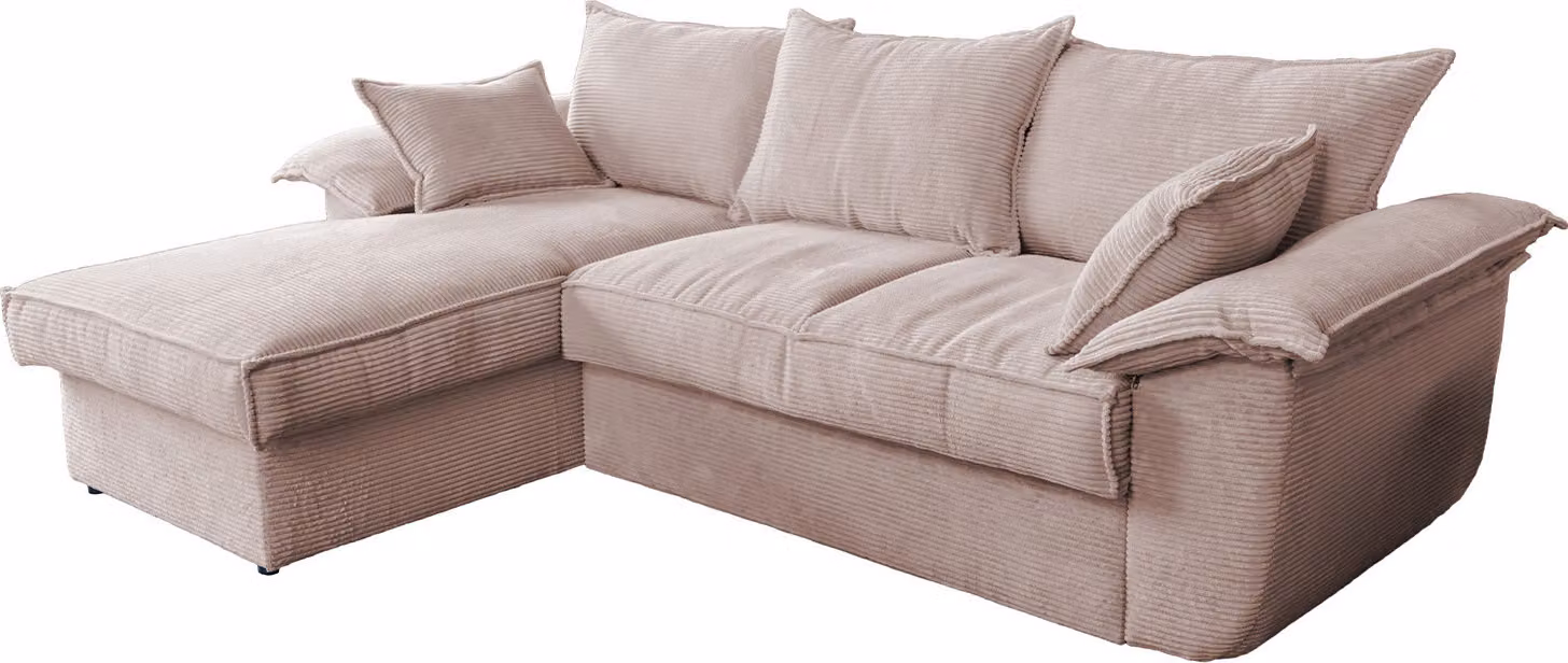 KAWOLA Divano DAMETO Divano letto angolare Divano letto con contenitore Cord rosa Recamiere sinistra