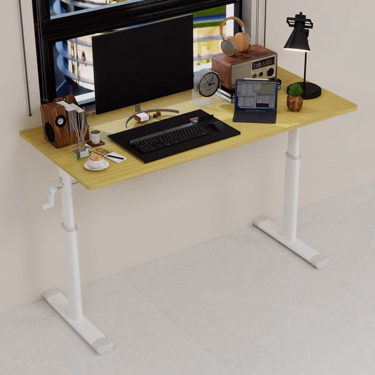 Scrivania regolabile in altezza 120x60 cm, con manovella. Scrivania ergonomica, adatta per stare in piedi o seduti. Scrivania per computer, scrivania per bambini, scrivania da lavoro. Materiale: legno