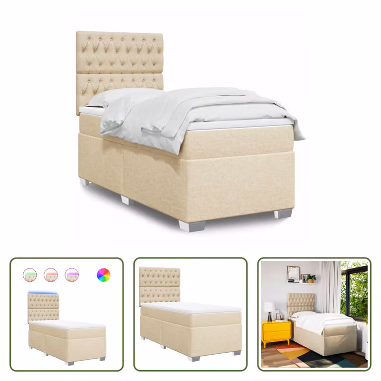 The Living Store Letto a molle con materasso crema 100x200 cm in tessuto