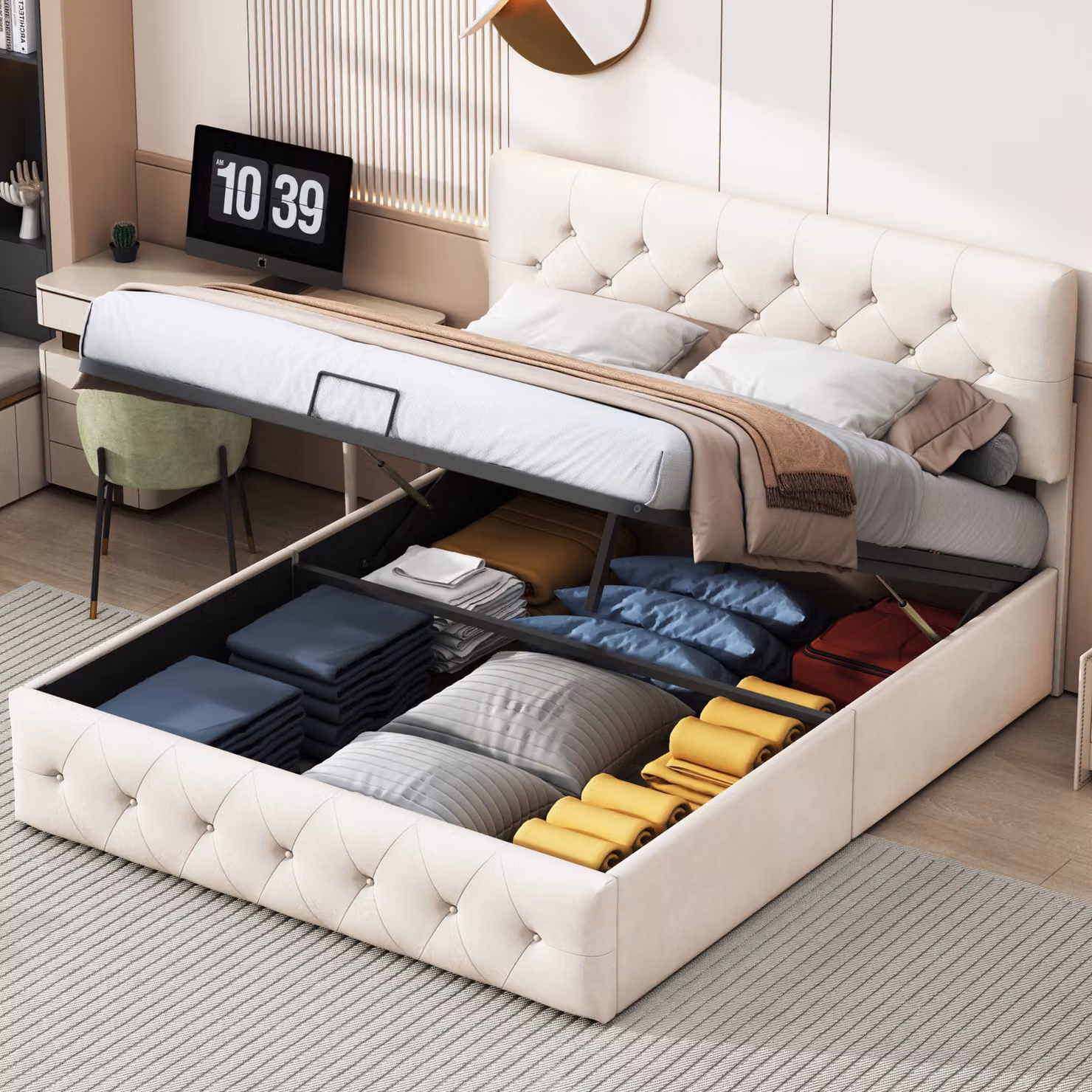 Letto imbottito ProximaX 140x200 cm, velluto albicocca, testata regolabile, alzata d'aria e ampio spazio sotto il letto - Testata regolabile in altezza, morbida imbottitura e design elegante per un moderno comfort di riposo