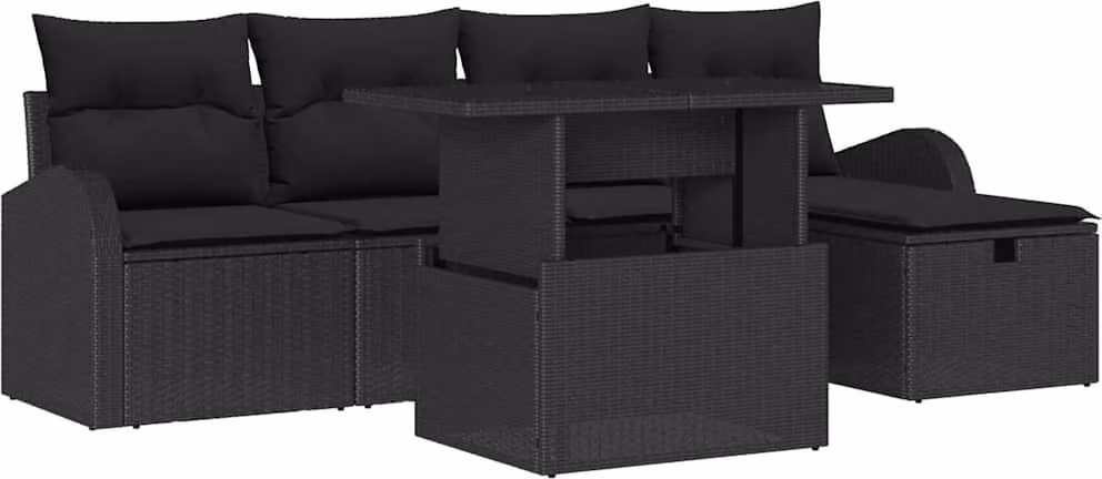 Set Divano da Giardino con cuscino 6 pcs Nero Poly Rattan
