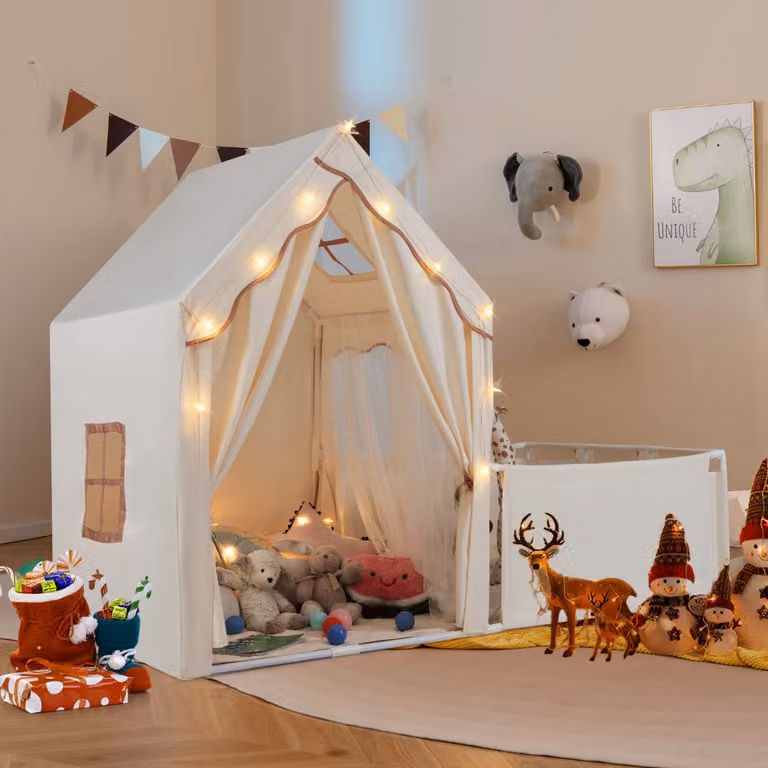 Tenda da gioco per bambini Costway 2 in 1 con recinto, giardino, luci a stelle e tappetino in cotone lavabile Beige