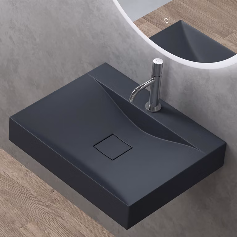 doporro Lavabo da Appoggio o Sospeso Rettangolare 60 cm in Marmoresina Antracite Opaco, Lavandino Bagno con Foro per Rubinetto Colossum810