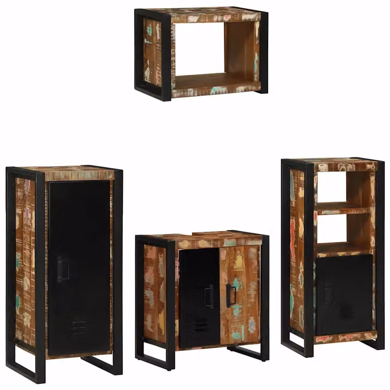 Set di mobili per il bagno in stile industriale vidaXL in legno e metallo, multicolore e nero, composto da mobiletto laterale e pensile a parete