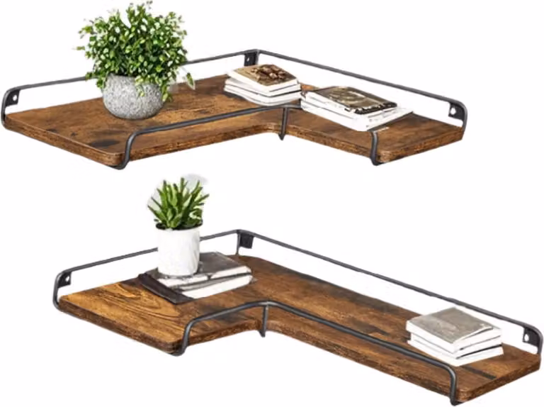 Mensola angolare a forma di L, composta da 2 pezzi – Scaffale a parete – Scaffale espositivo – Colore marrone e nero vintage – 40 x 29 x 14 cm