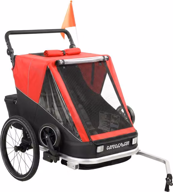 Rimorchio bici pieghevole AIYAPLAY per 2 bambini con cinture regolabili, Rosso