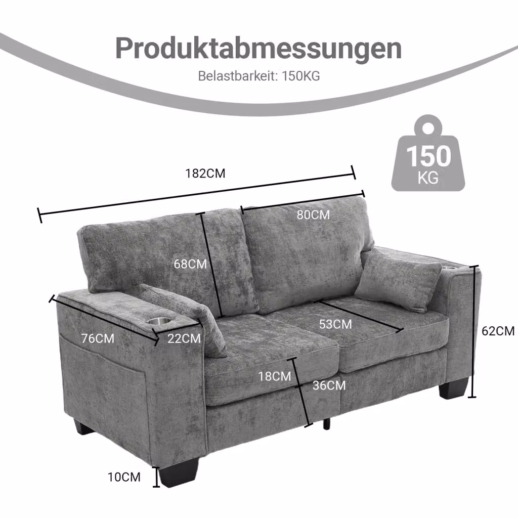 Divano a 2 posti Mivray in tessuto grigio con portabicchieri, struttura in legno massello e seduta a molle, L: 182 cm, P: 96 cm, H: 72 cm – 2