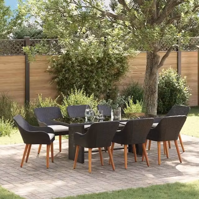 Set da pranzo per giardino e terrazzo vidaXL in polyrattan nero 9 pezzi – 1