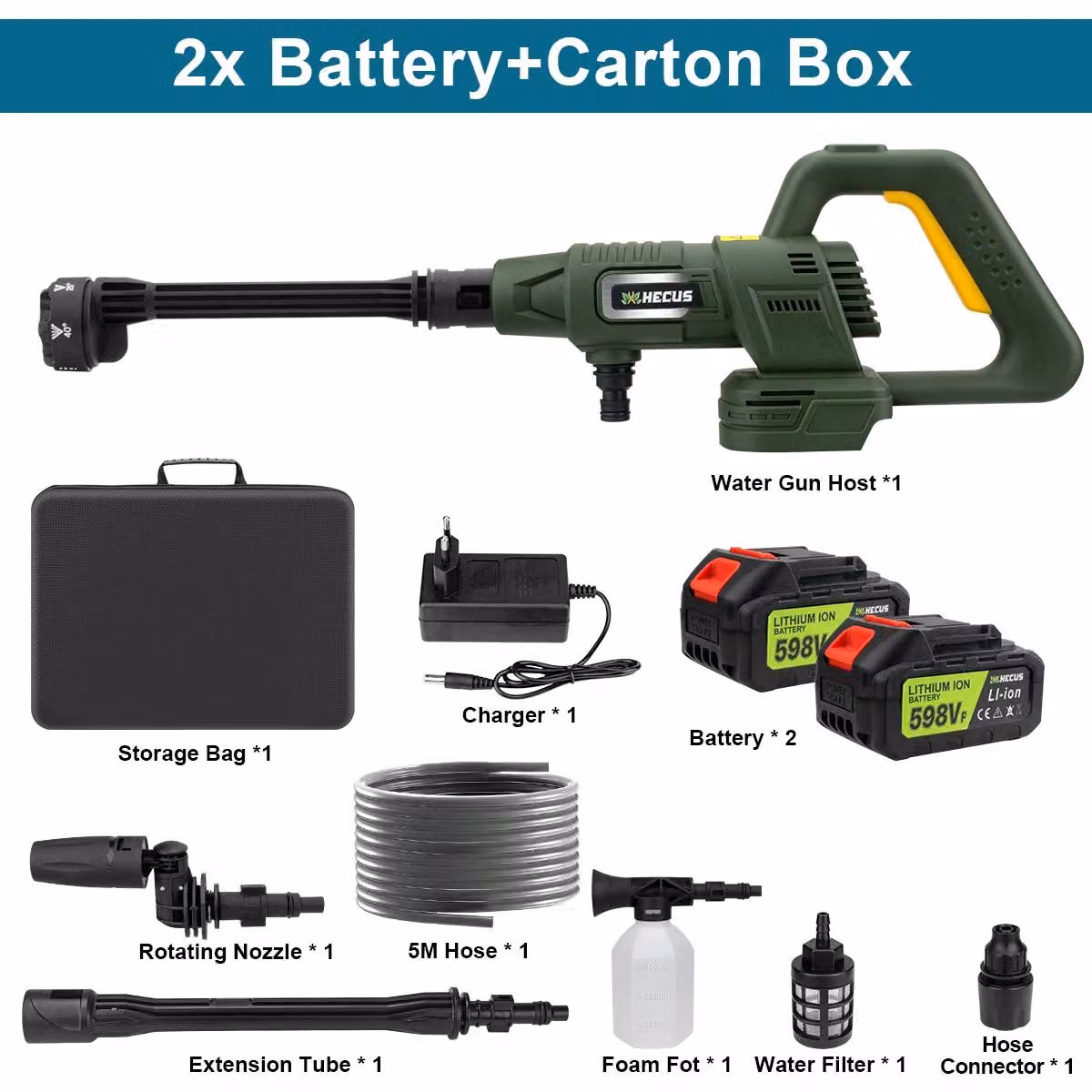Idropulitrice elettrica - Pistola idropulitrice a batteria - Pressione: 200 bar - 3 modalità - Motore brushless - Ugello 6-in-1 - 2 batterie da 18V