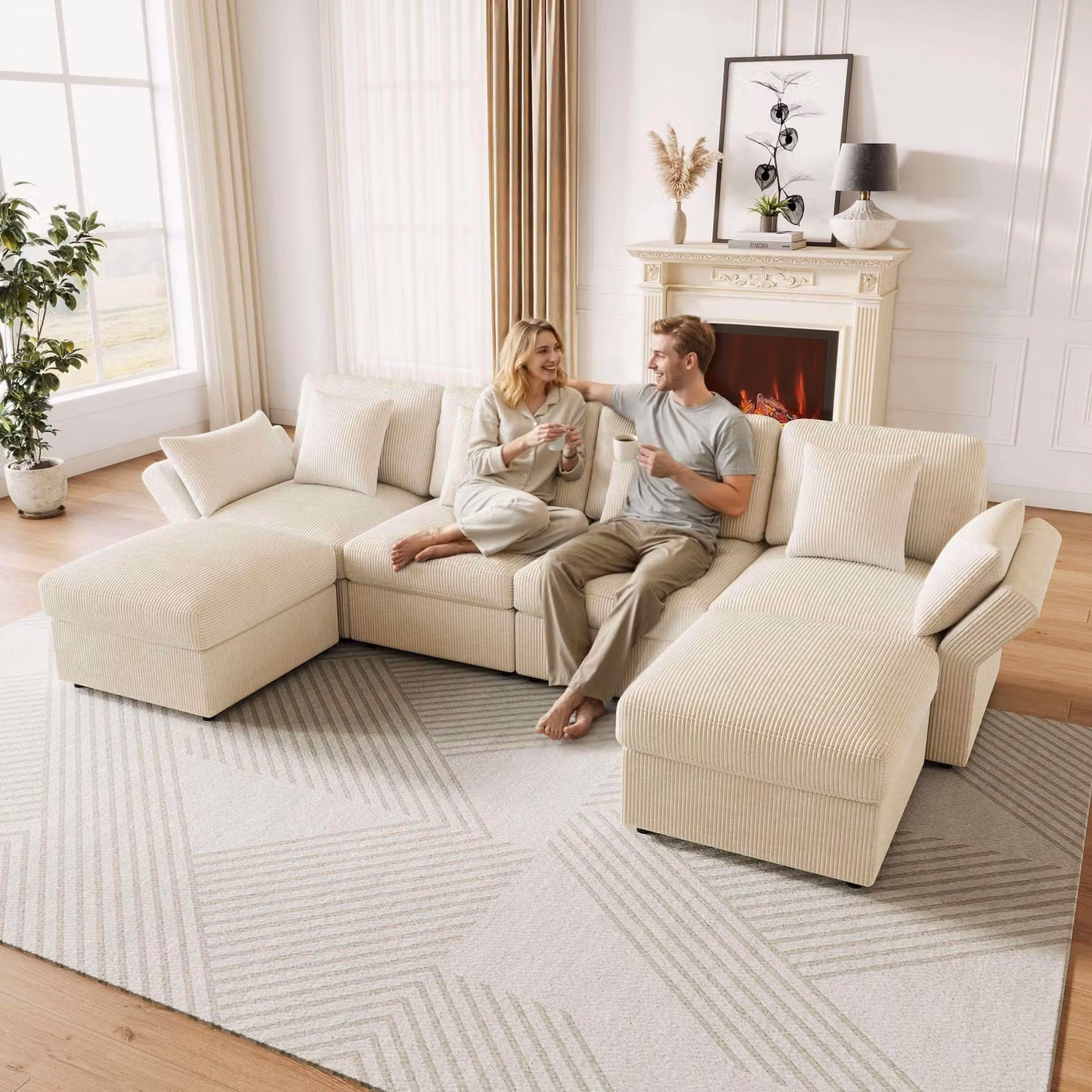 Merax divano angolare a U 4-6 posti, con poggiapiedi, braccioli regolabili, divano moderno, divano, soggiorno, camera da letto, tessuto a coste, beige