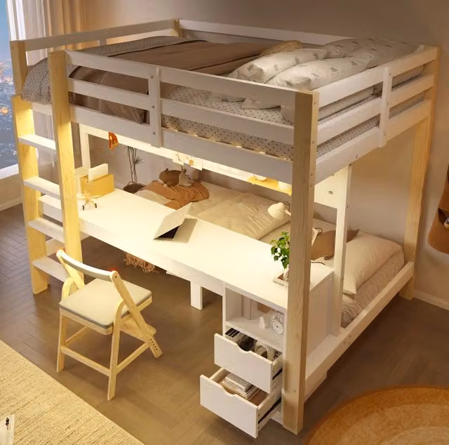 Letto a Castello in Pino 140x200 cm con Scrivania, Cassetti e LED, Bianco/Naturale