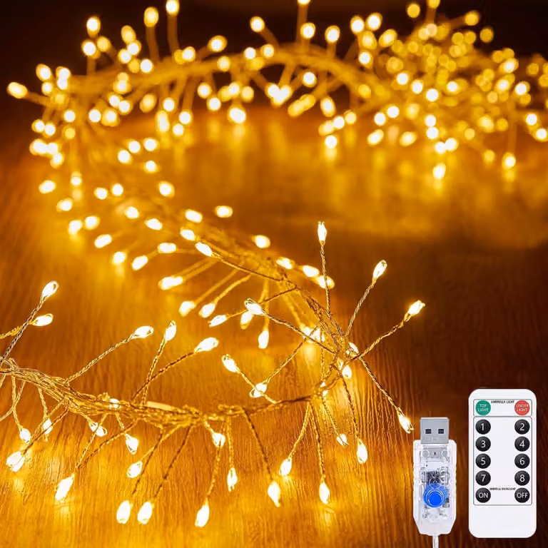 Catena luminosa a LED, 9 metri, 300 LED bianco caldo, alimentazione USB, telecomando, impermeabile