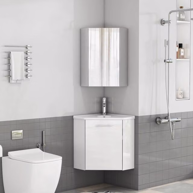 Mobile bagno angolare completo con specchio; set salvaspazio bianco lucido in MDF; 41.5x41.5x50 cm