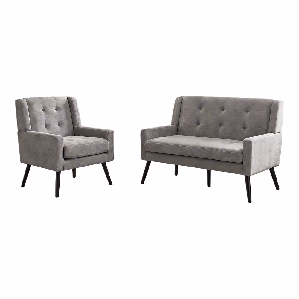 Set di 2 Poltrone Imbottite Minimal in Tessuto Grigio con Gambe in Legno per Soggiorno e Ufficio – 2