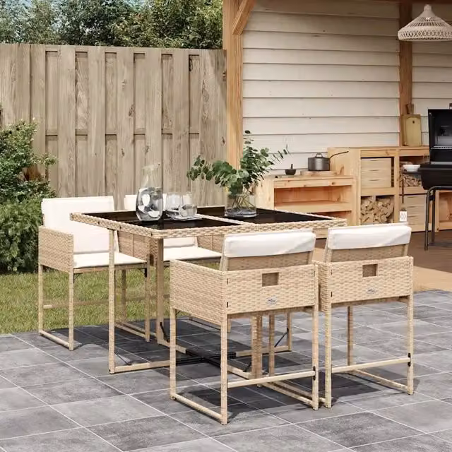 Set da Pranzo da Giardino vidaXL in Polyrattan con Cuscini Beige e Tavolo in Vetro 5 Pezzi