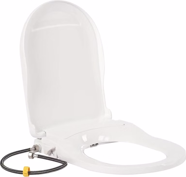 Sedile WC con bidet - Forma a D - Doppio getto anteriore/posteriore - Regolazione manuale della pressione dell'acqua - Coperchio con chiusura ammortizzata - Adatto per distanza tra i fori di 11,5-16,5 cm - Bianco