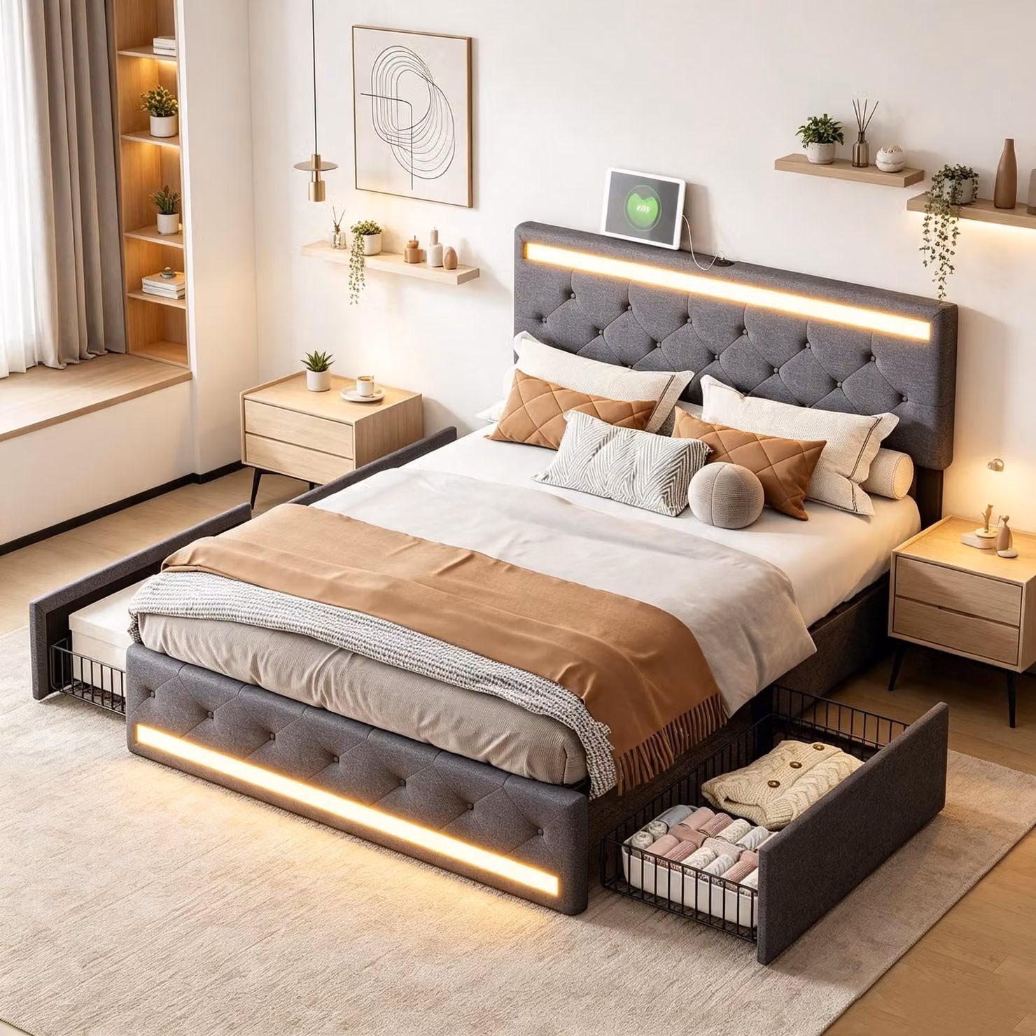Letto imbottito INONEFT, 160x200 cm, con testiera regolabile in altezza, letto matrimoniale con rete a doghe e 4 cassetti, dotato di illuminazione LED e presa USB, rivestito in lino, colore grigio