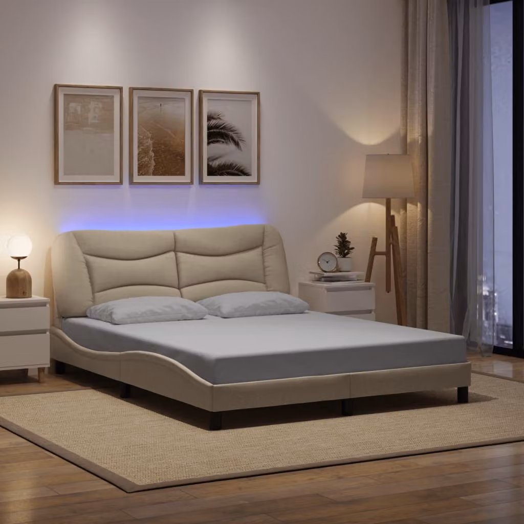 vidaXL Giroletto Hvar con LED e porte USB in tessuto beige L 160 x P 200 cm – 1