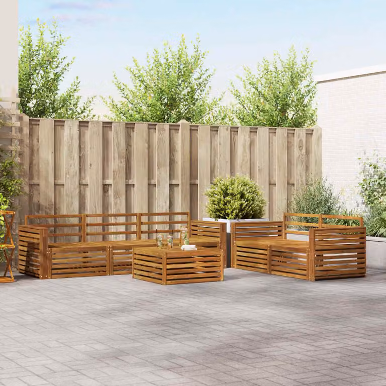 Set di divani da esterno vidaXL a forma di U in legno di acacia marrone con cuscini e tavolino da caffè incluso
