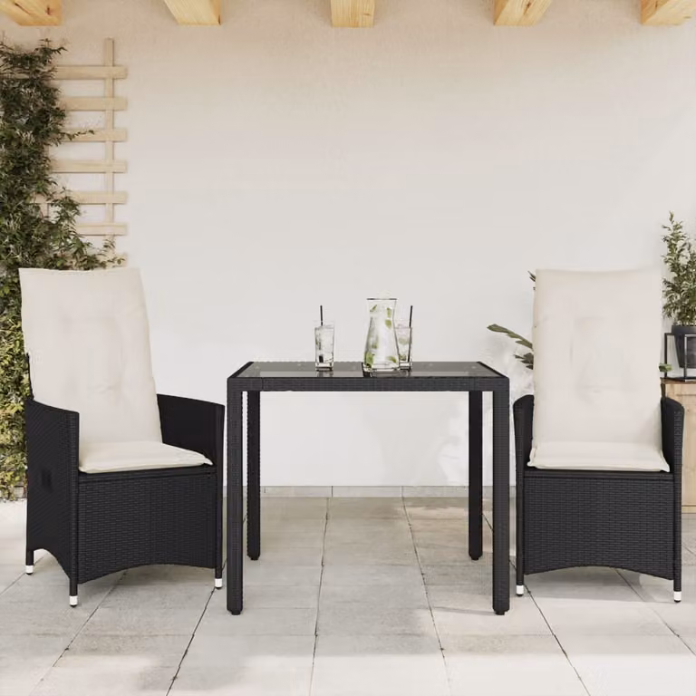 Set da Bistrò vidaXL 3 pz in Polyrattan e Vetro Nero per Giardino e Balcone