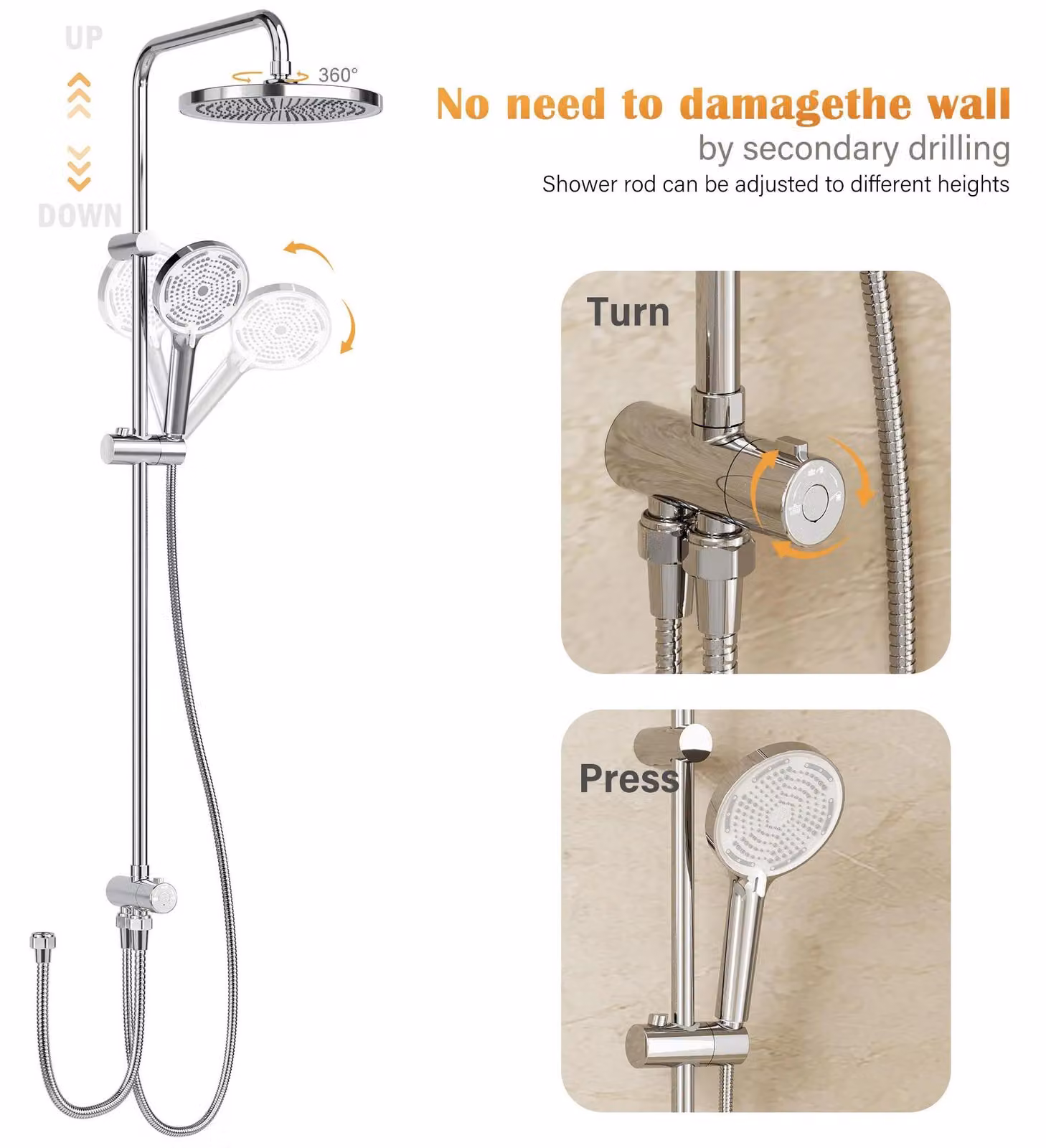 Sistema doccia a pioggia Regendusche - Colonna doccia da parete in acciaio inossidabile - Senza miscelatore - Altezza regolabile - Grande soffione rotondo in plastica - Argento