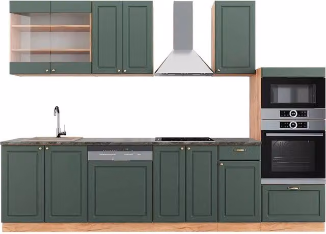 Cucina componibile Fame-Line Verde-oro rustico/Rovere dorato 300 cm con armadio alto, PL Antracite Vicco