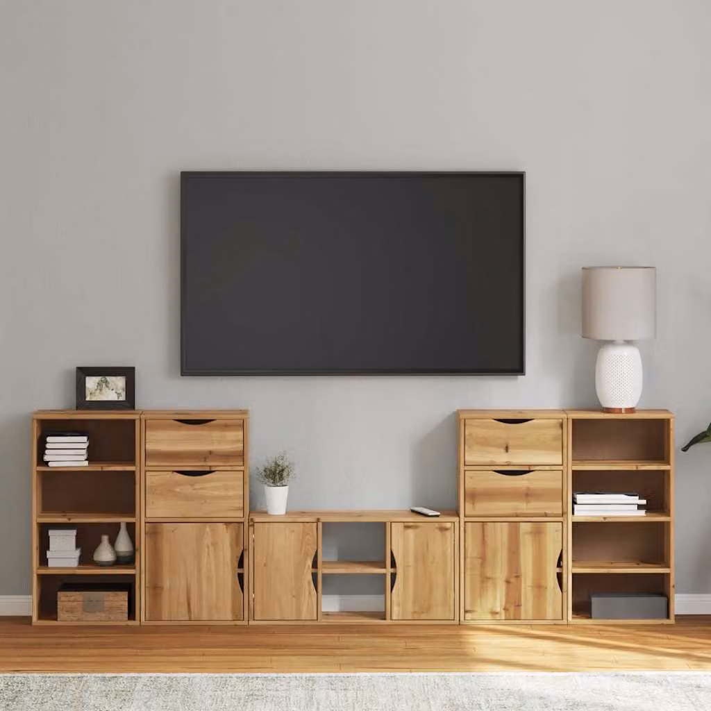 Carrello TV mobile vidaXL modello ODDA in legno massello di pino color marrone con contenitore e 5 scomparti media