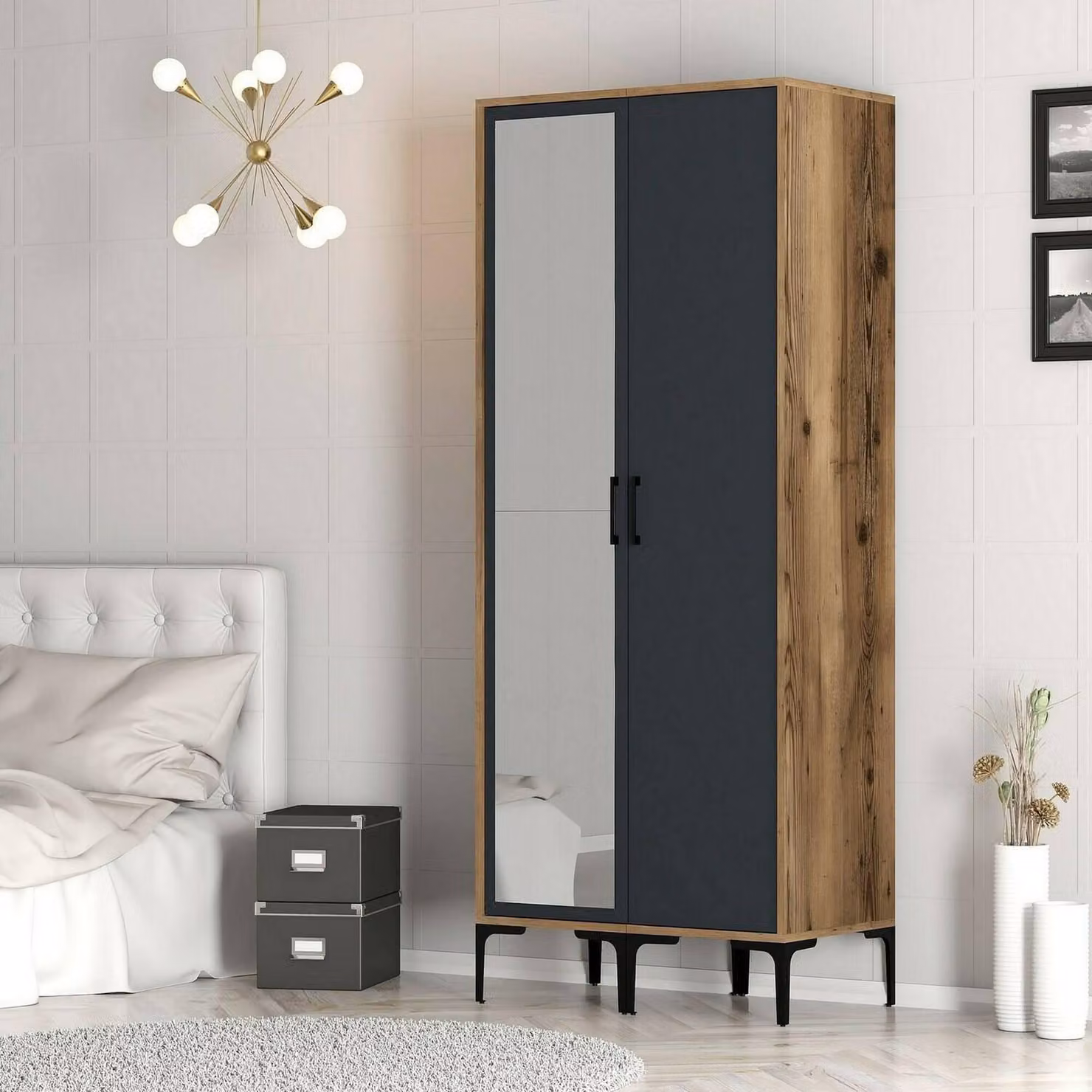 Dmora Guardaroba 2 Ante Anfo 47.5x201.4h cm Nero Antracite, Appendiabiti 2 Ante