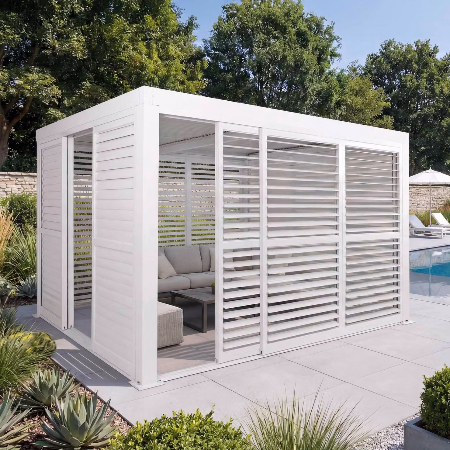 Pergola in alluminio HWC-L46, tetto a padiglione, 6x pannelli a doghe 6x porte scorrevoli, telaio 11cm, 3x3m ~ bianco