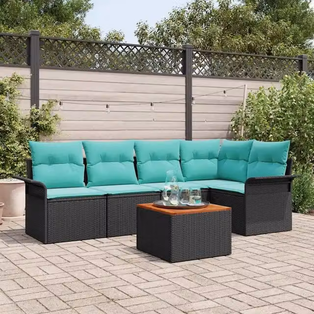 Set Divano da Giardino 6 pz 5-Numero di posti Nero e Turchese 3356002