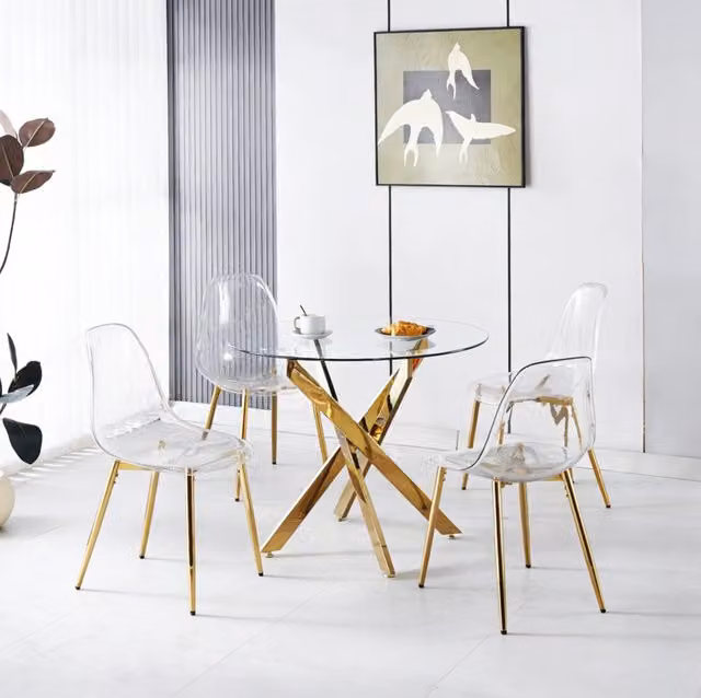 Set da pranzo 5 pezzi 80 cm dorato – tavolo rotondo in vetro, 4 sedie