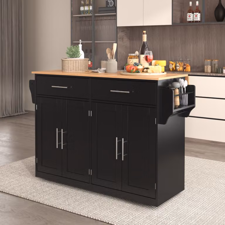 Carrello da cucina STILVORA con piano di lavoro pieghevole, mobiletto da cucina, isola da cucina con gambe e ruote in legno sostituibili, credenza per buffet con portasciugamani e cassetti, colore nero