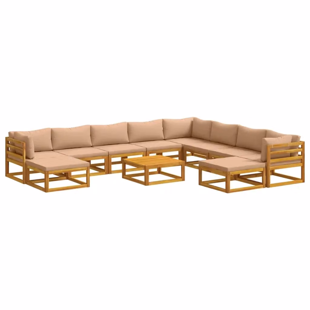 Set di divani da giardino vidaXL in legno di acacia massello con cuscini beige e marrone, composto da 11 pezzi con modulo angolare, pouf e tavolino da esterno – 2