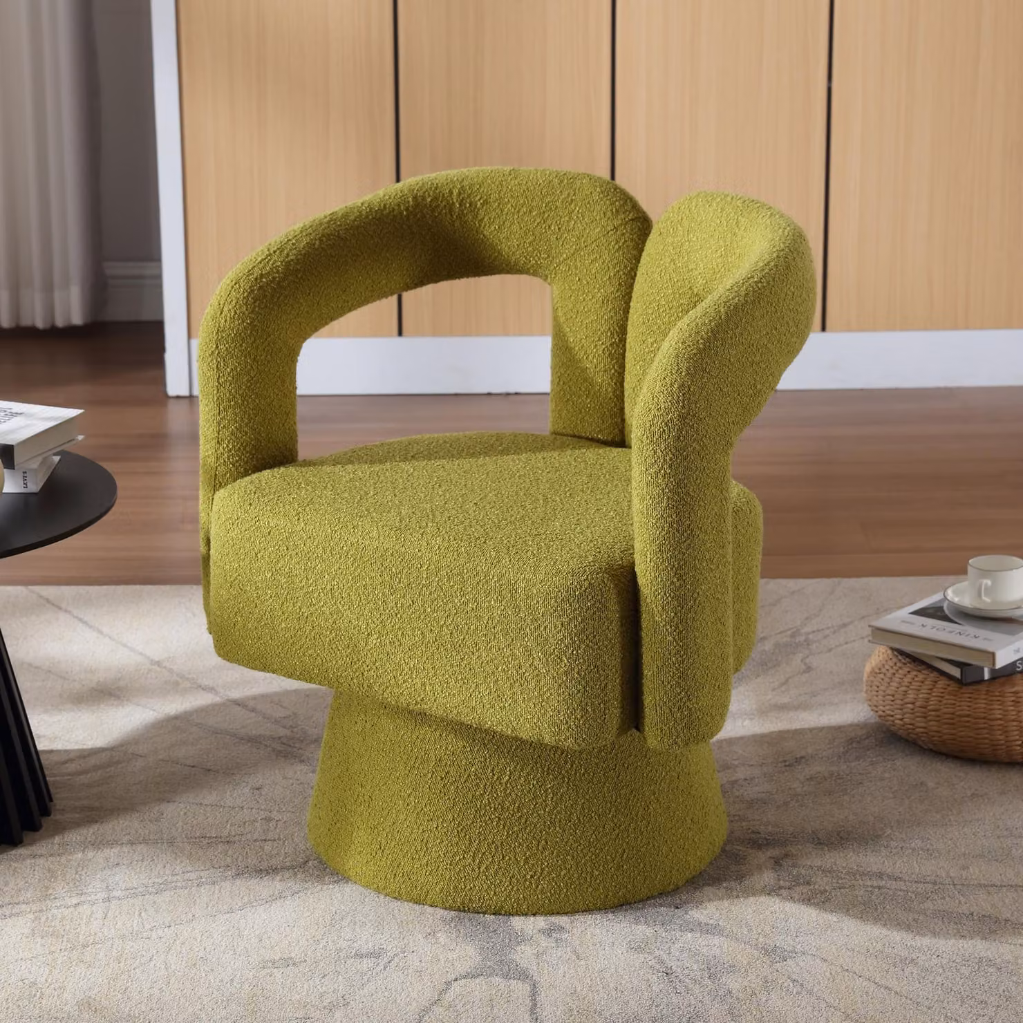 STILVORA Poltrona girevole a 360 gradi, ampia poltrona rotonda con bordo avvolgente, poltrona in tessuto soffice per soggiorno, camera da letto, ufficio o sala d'attesa, verde oliva