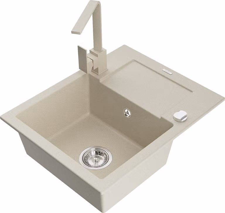 Mexen Enzo lavello in granito a 1 vasca con scolapiatti e rubinetto da cucina Rita, beige - 6506-69-670300-69