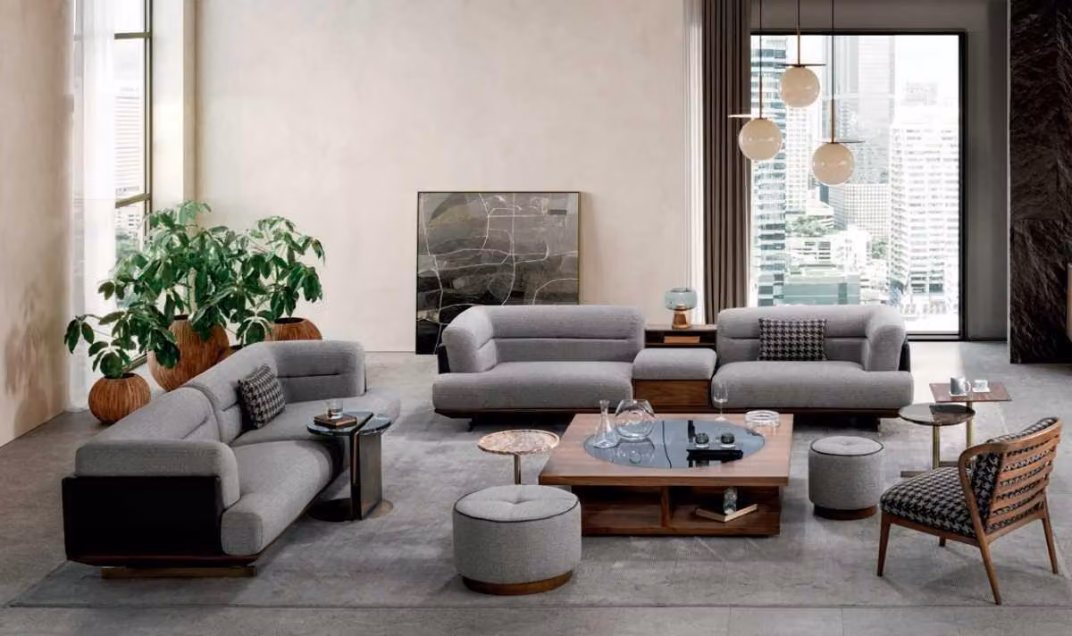 Luxus Wohnzimmer Set Grau Sofa mit Sessel 2x Hocker Modernen Design