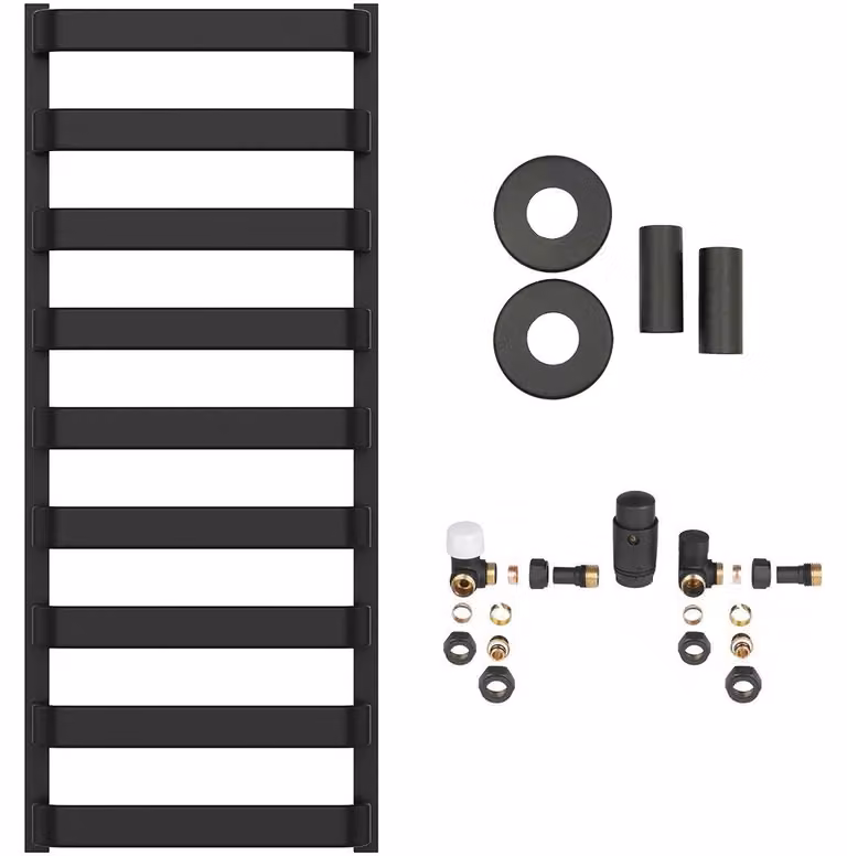 Set radiatore per bagno Adriano - riscaldamento centralizzato - attacco laterale - 520W - nero opaco - 1200x500 mm