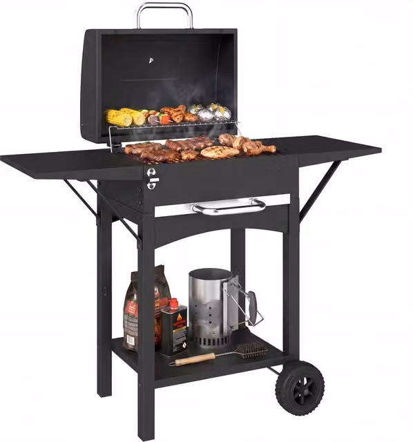 Barbecue a carbone Minimal con termometro, 2 ripiani laterali e ruote, Nero, L: 110 cm, P: 46.5 cm, H: 101 cm