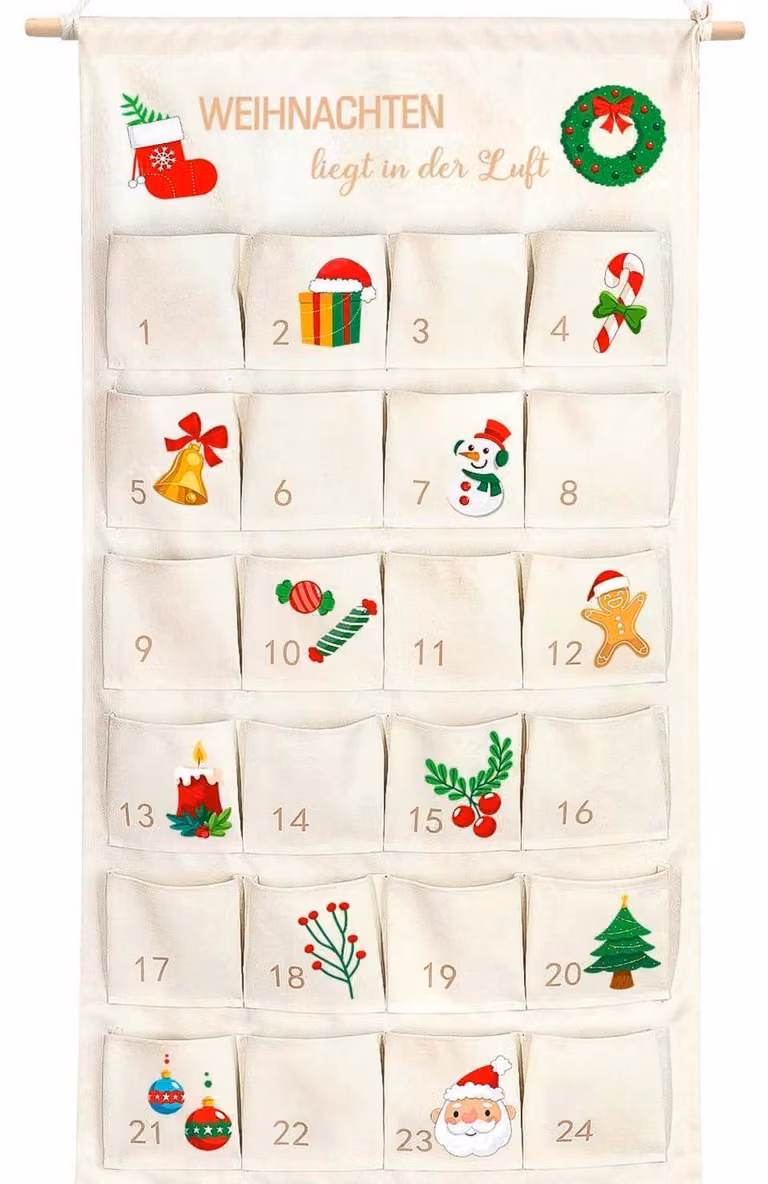 Calendario dell'Avvento riutilizzabile, in tessuto, dimensioni 100 x 50 cm, color beige, con 24 tasche
