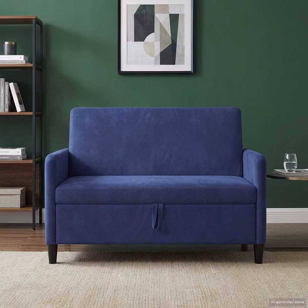 Divano moderno vidaXL con contenitore a sollevamento, rivestimento in tessuto blu, L: 122 cm, P: 78 cm, H: 87 cm